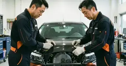 インヴォークアクソンオートパーツのチューンマスター二人がカーボンディフューザーを装着している