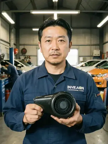 WALNUT CARE CONNECTED LTDの創業者松本浩二マスターがGR Corollaのカーボン製ディフューザーを手にしている