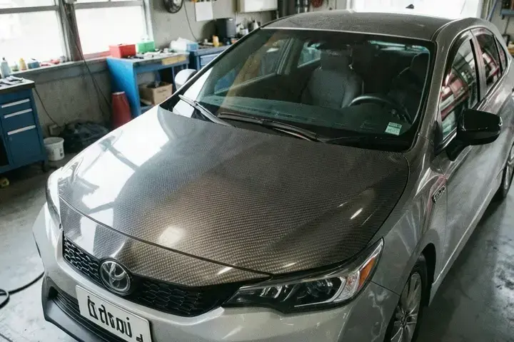 施工後のGR Corollaのカーボンボンネットを斜め上から見たところ